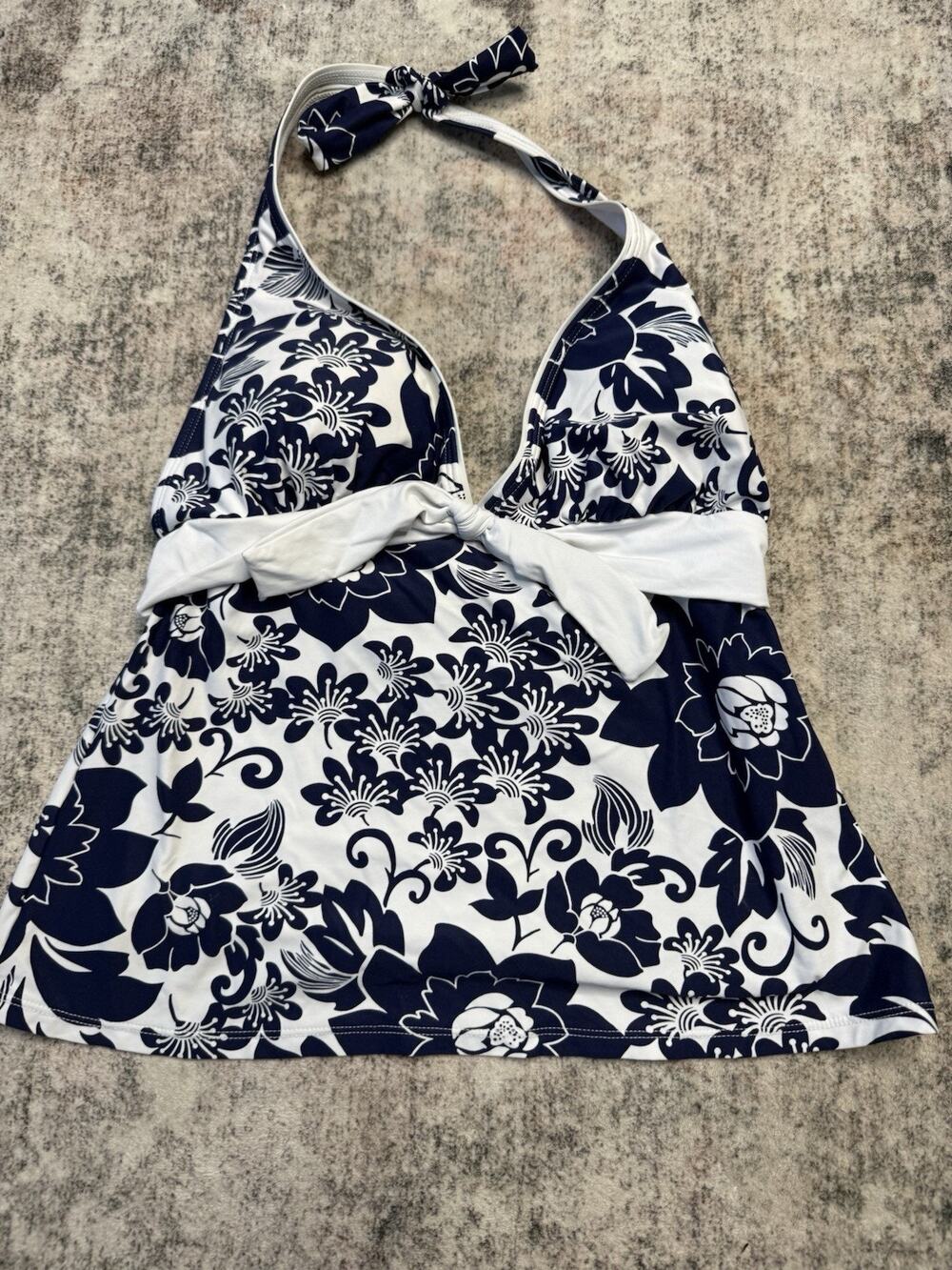 Beach House Swimsuit Tankini Top Navy White Halter Bow